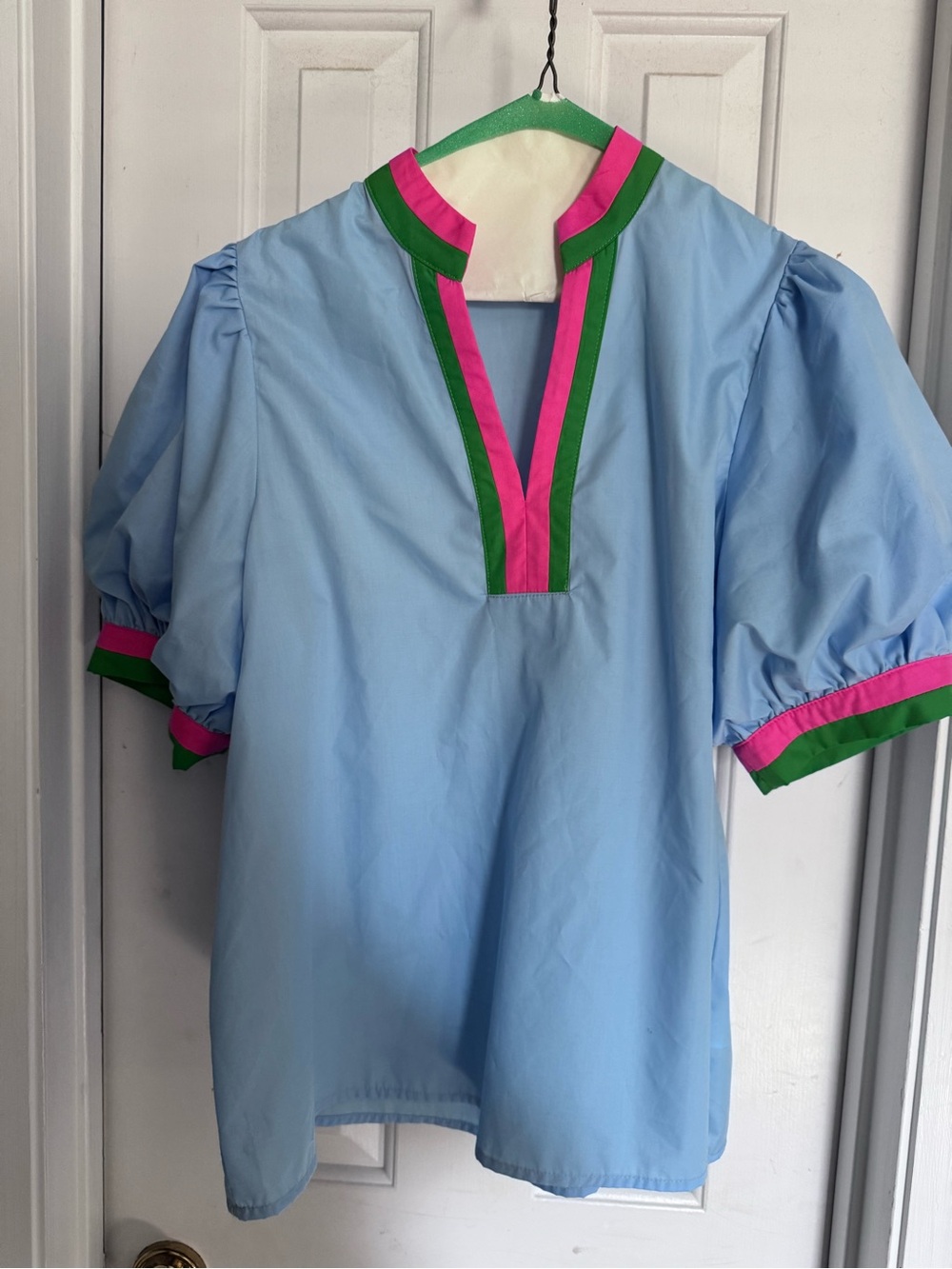 entro Light Blue Puff Sleeve Top with Pink & Green Trim